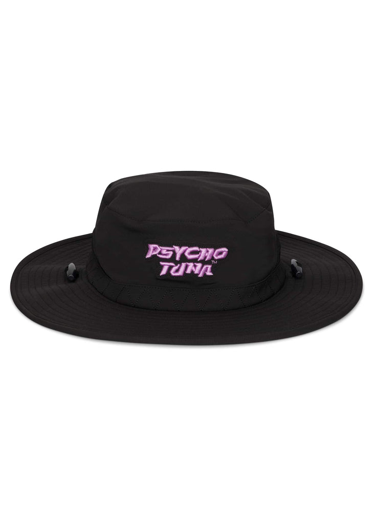 Front view of Psycho Tuna’s Men’s Capoonie UV Guarded Boonie Hat in sleek black, showcasing its stylish design and superior sun protection features