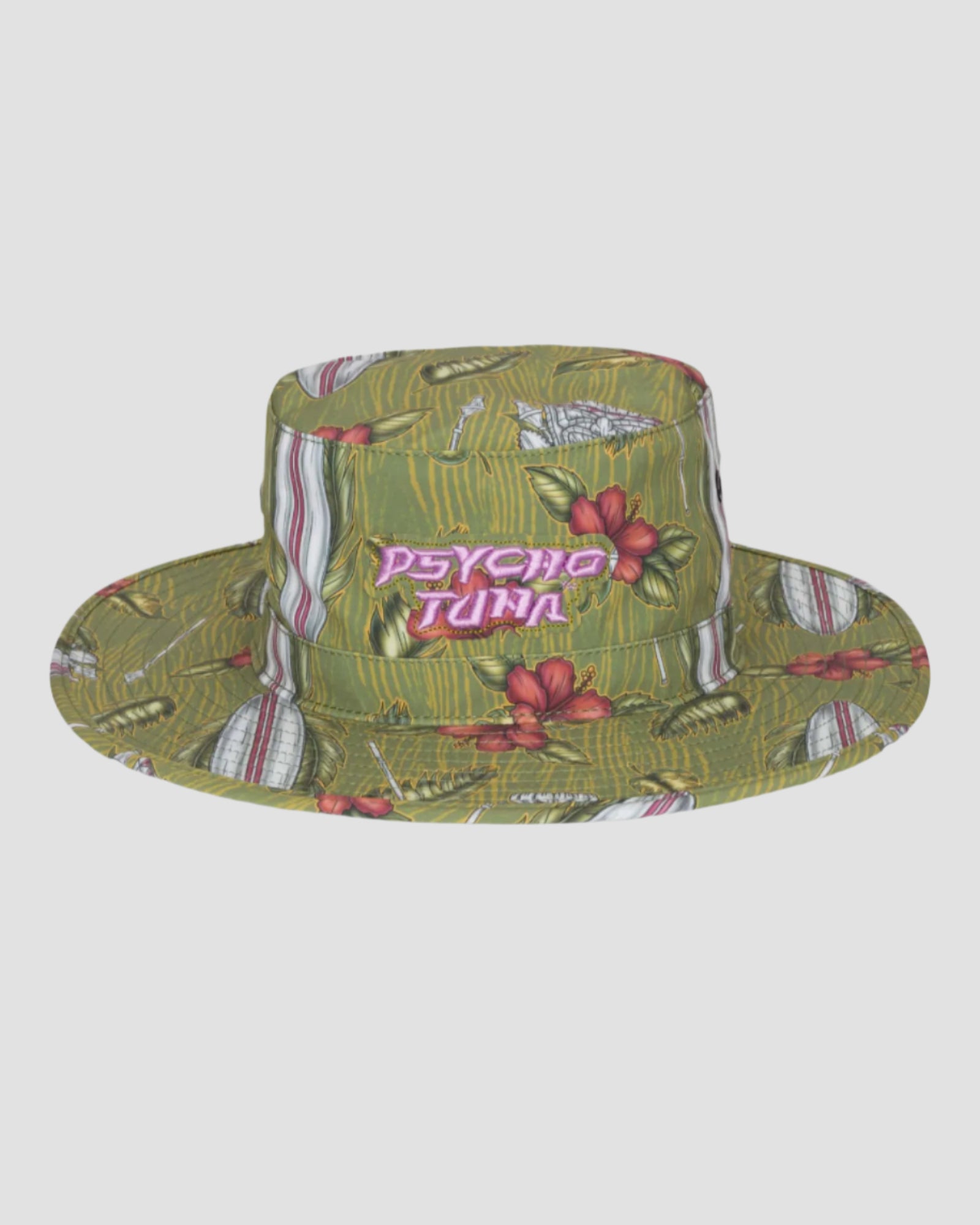 Men’s Maori Boonie Hat in Military Olive color by Psycho Tuna Clothing, showcasing traditional Maori patterns, designed for the modern waterman