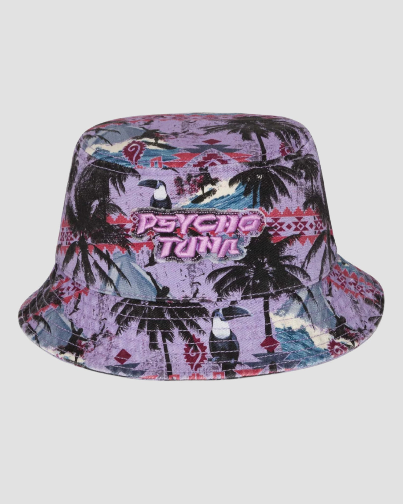 Front view of Psycho Tuna’s Men’s Aztec Paradise Bucket Hat in Purple Rose color, showcasing the unique Aztec-inspired design and vibrant shade