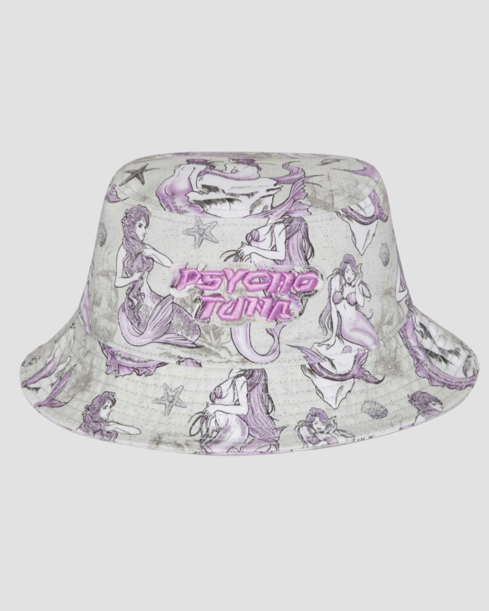 Front view of Psycho Tuna Clothing’s Men’s Mermaid Mad Bucket Hat in Off White, showcasing the playful mermaid motif and wide brim for sun protection