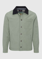 Front view of the Men’s Grimes Canvas Jacket in Iceberg Green by Psycho Tuna Clothing, showcasing its stylish design and high-quality canvas material