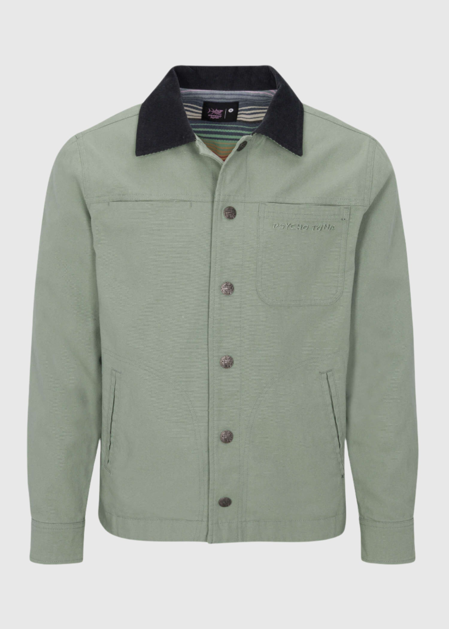 Front view of the Men’s Grimes Canvas Jacket in Iceberg Green by Psycho Tuna Clothing, showcasing its stylish design and high-quality canvas material
