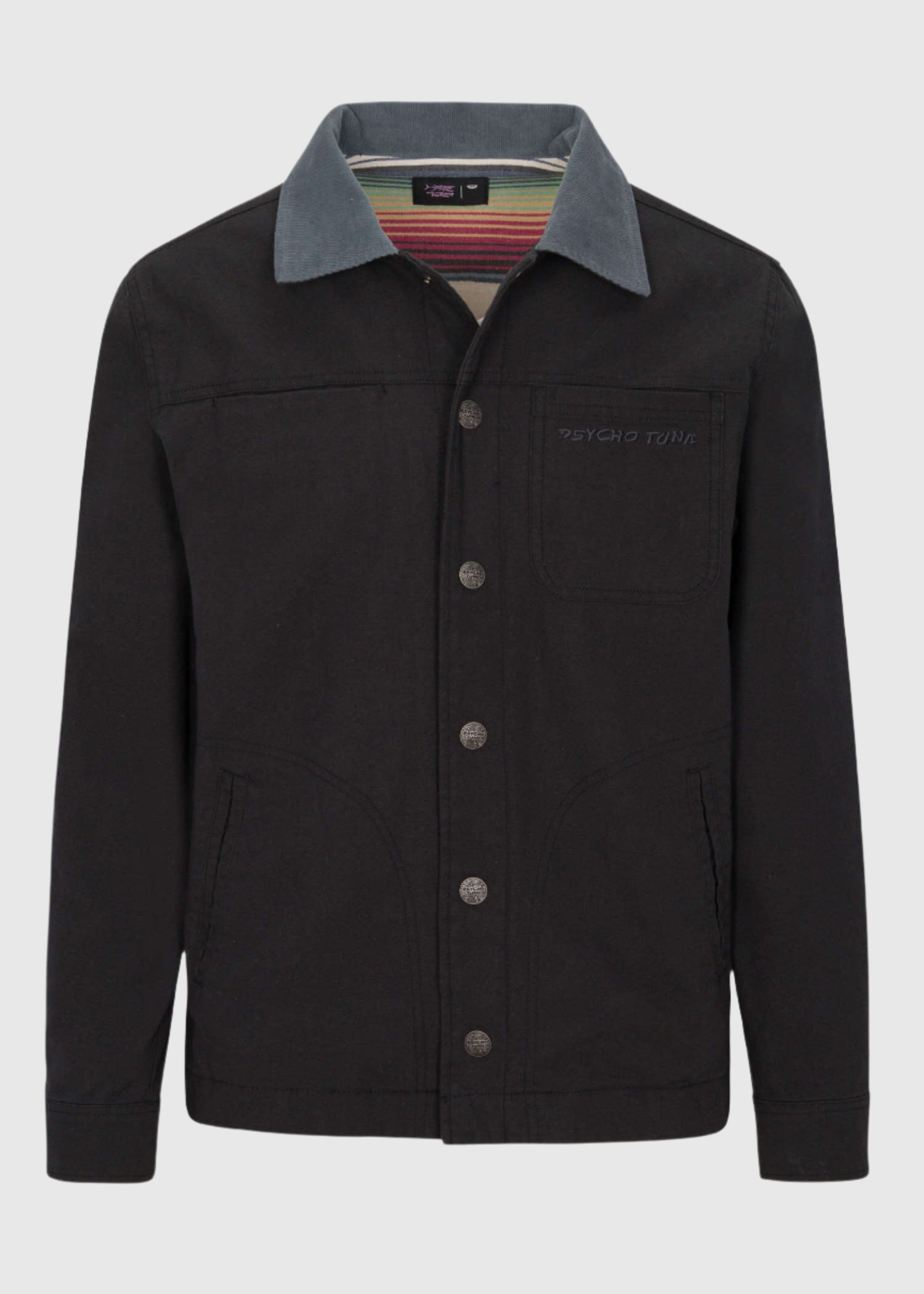 Front view of the Men’s Grimes Canvas Jacket in Moonless Night, displaying its unique color and rugged design inspired by the concept of ‘Grimes'