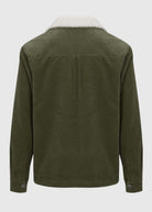 Back view of the Men’s Wales Corduroy Sherpa Jacket in Military Olive color, emphasizing the sturdy corduroy fabric and fashionable design
