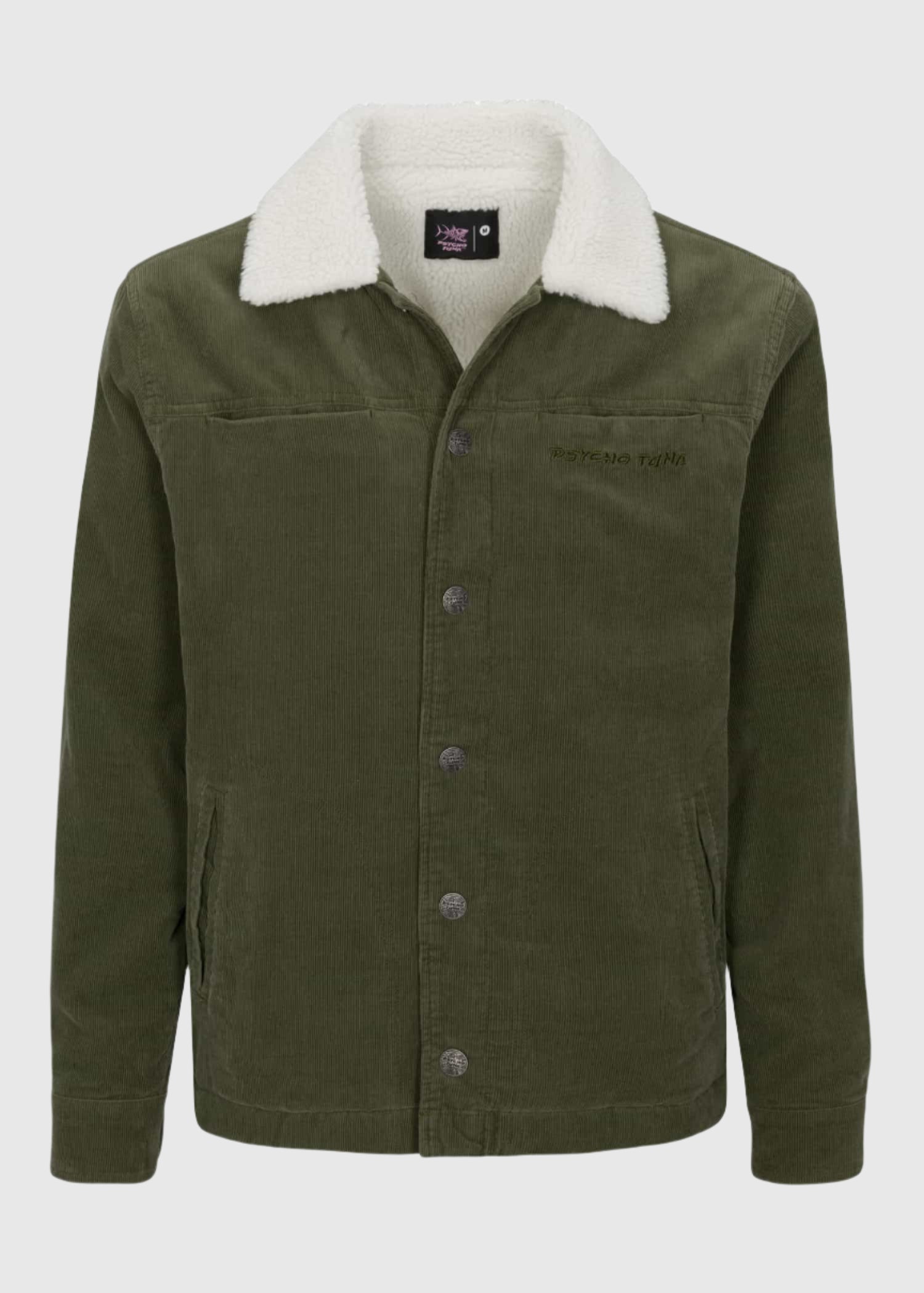 Front view of the Men’s Wales Corduroy Sherpa Jacket in Military Olive color, displaying the warm Sherpa lining and rugged corduroy exterior