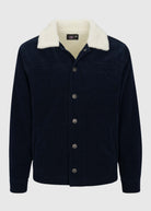 Front view of the Men’s Wales Corduroy Sherpa Jacket in Naval Academy color, showcasing the plush Sherpa lining and sophisticated corduroy exterior