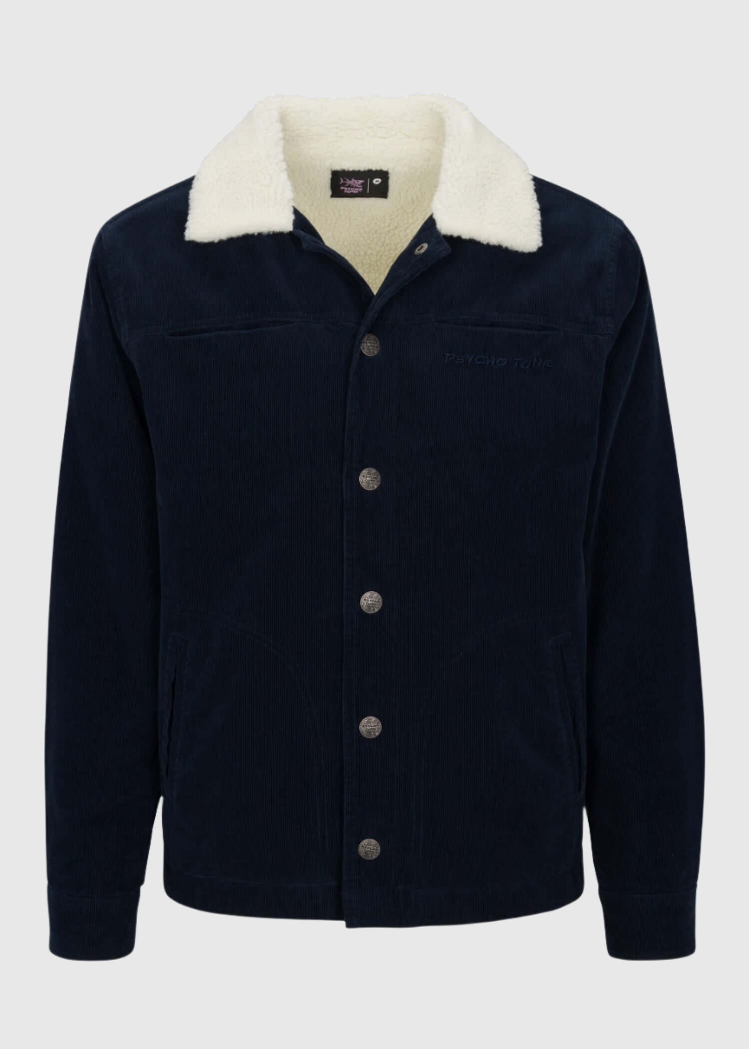 Front view of the Men’s Wales Corduroy Sherpa Jacket in Naval Academy color, showcasing the plush Sherpa lining and sophisticated corduroy exterior