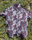 Moonless Night colored Men’s Sky Crane Shirt with 4-Way Technical Woven Fabric on grass background