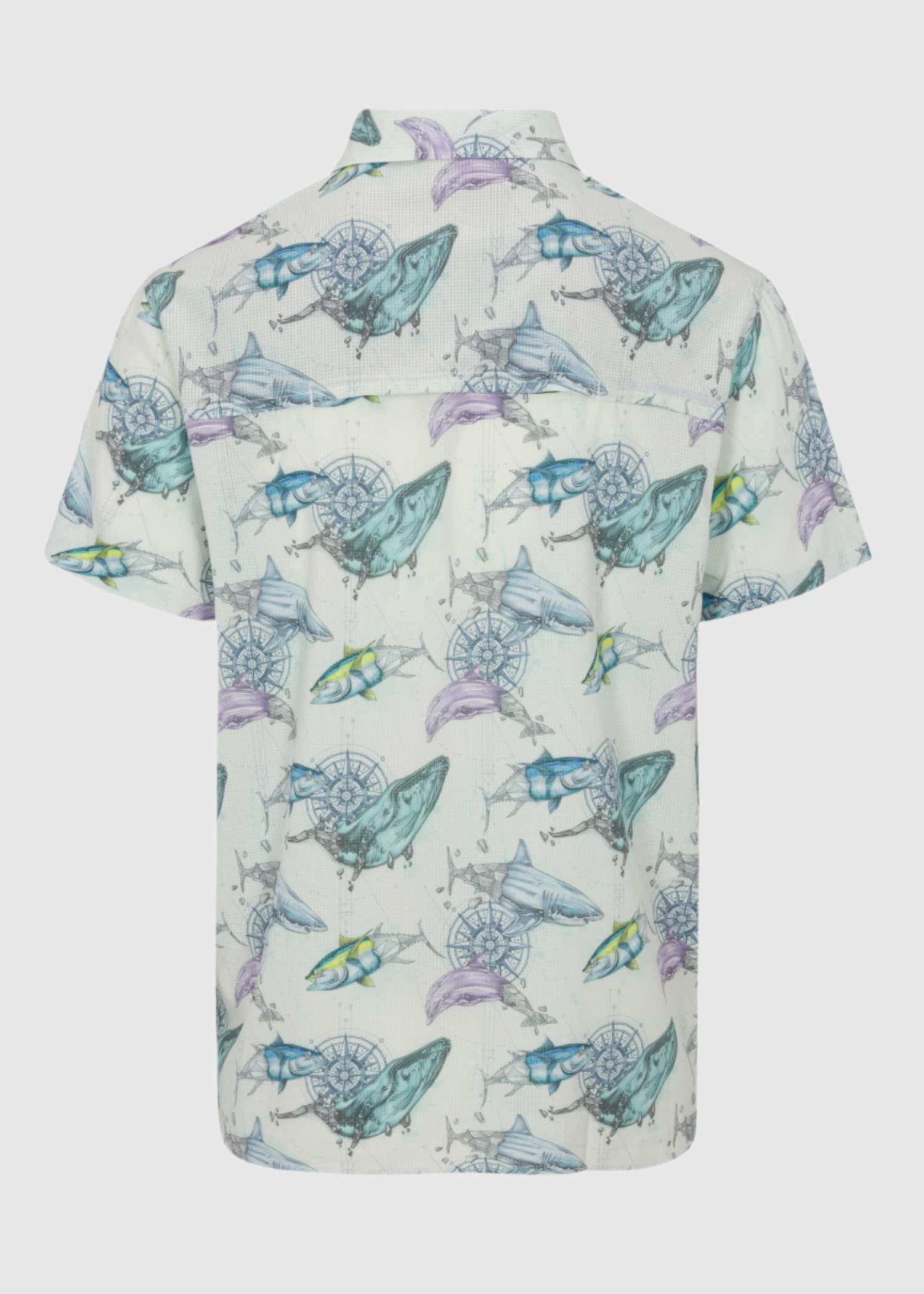 Finback Men’s Short Sleeve Button Up Shirt with 4-Way Stretch Off White Back