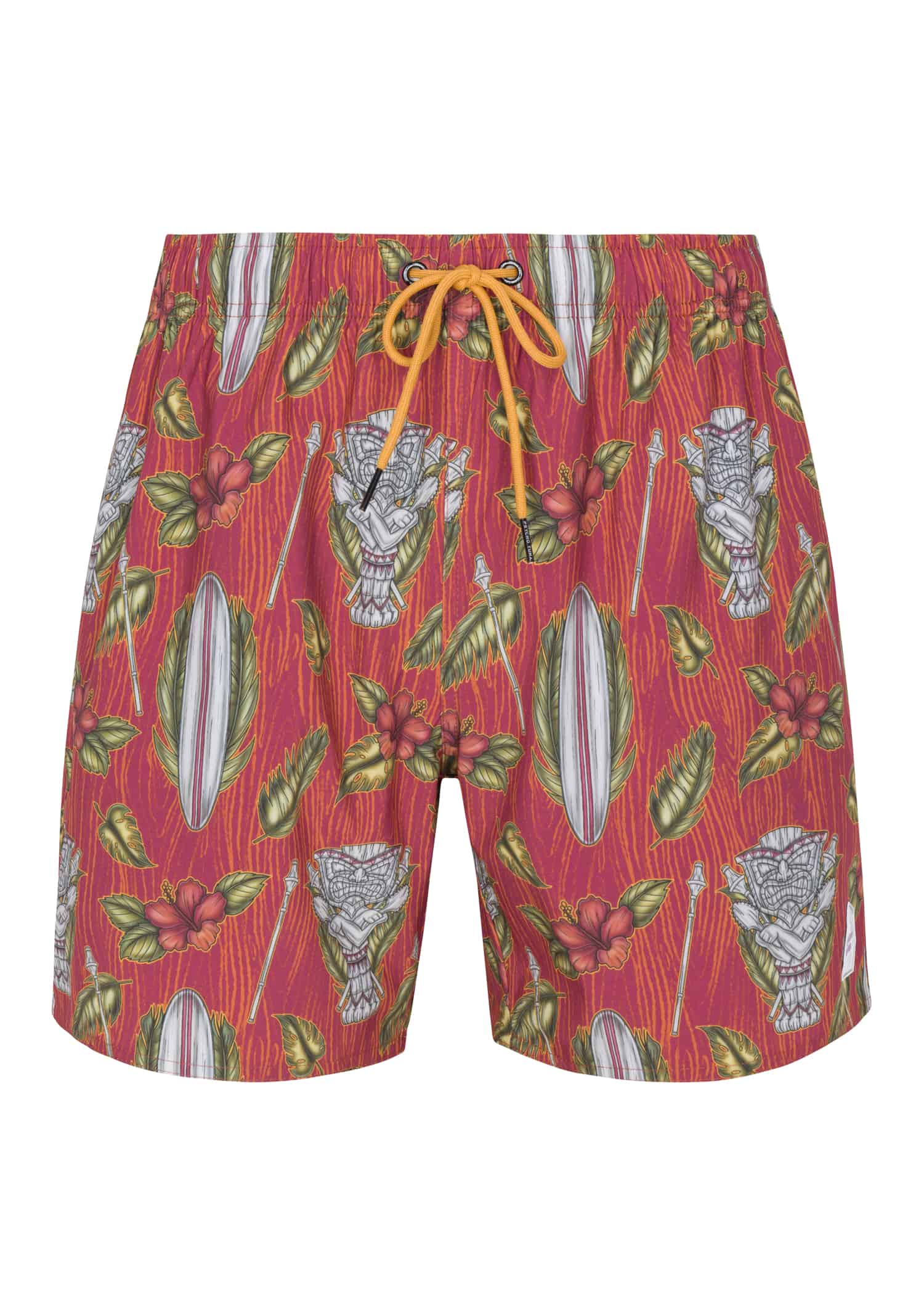 Psycho Tuna’s Men’s Maori Printed Pool Shorts in Tibetan Red, showcasing intricate Maori-inspired designs