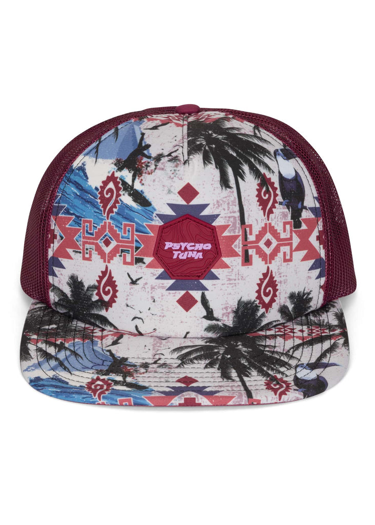 Front view of the Men’s High Tide Aztec Trucker Hat by Psycho Tuna Clothing in Whitecap color, showcasing the intricate Aztec-inspired design and mesh back for ventilation