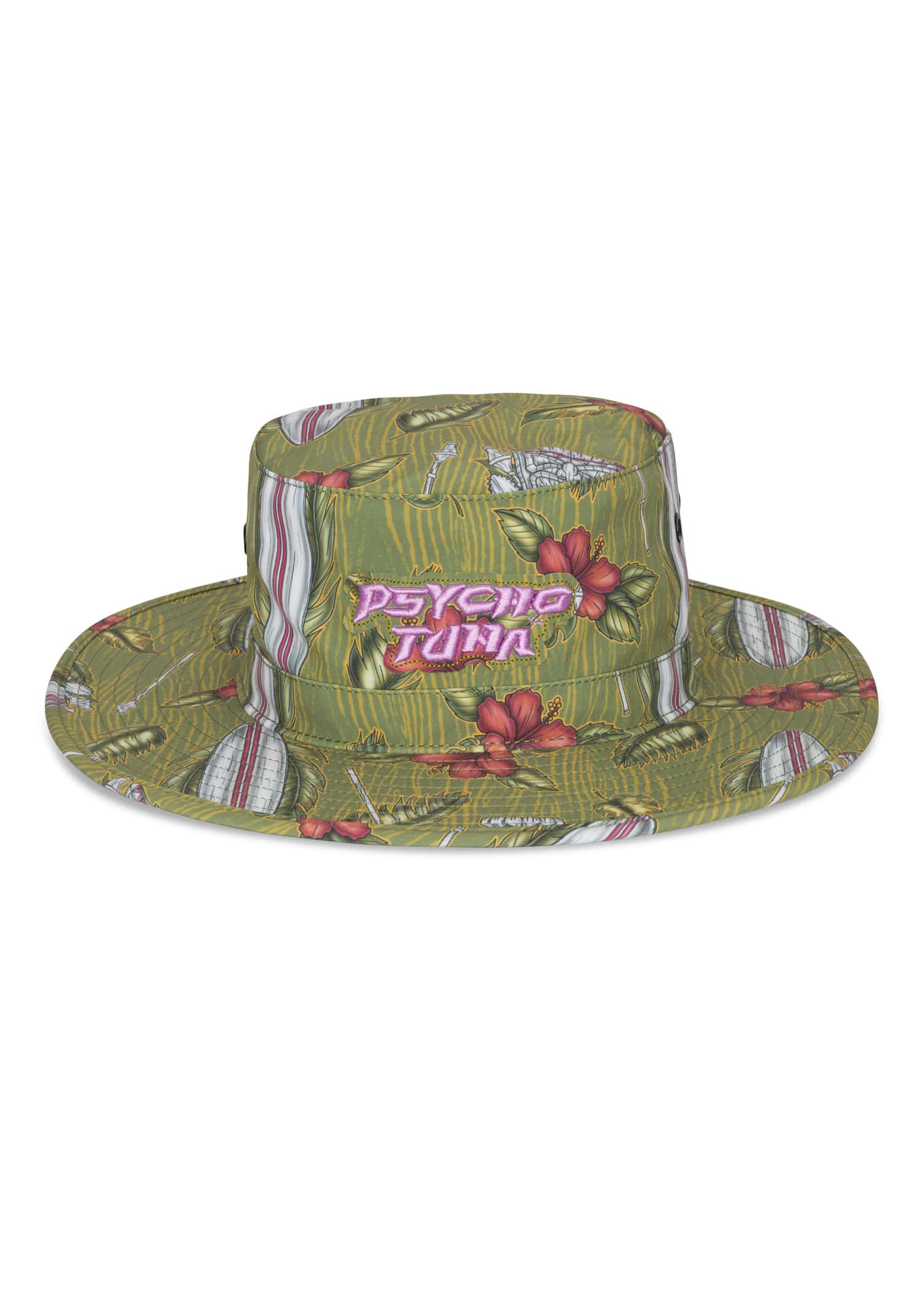 Men’s Maori Boonie Hat in Military Olive color by Psycho Tuna Clothing, showcasing traditional Maori patterns, designed for the modern waterman