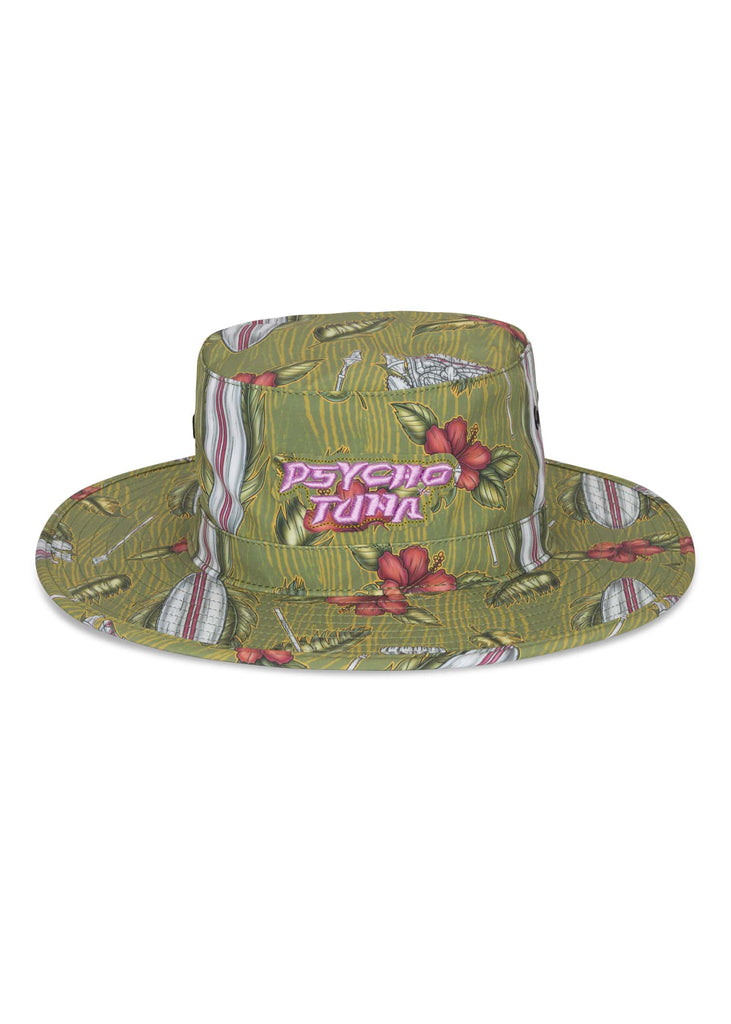 Men’s Maori Boonie Hat in Military Olive color by Psycho Tuna Clothing, showcasing traditional Maori patterns, designed for the modern waterman