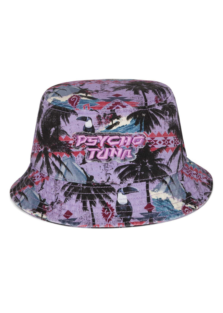 Front view of Psycho Tuna’s Men’s Aztec Paradise Bucket Hat in Purple Rose color, showcasing the unique Aztec-inspired design and vibrant shade
