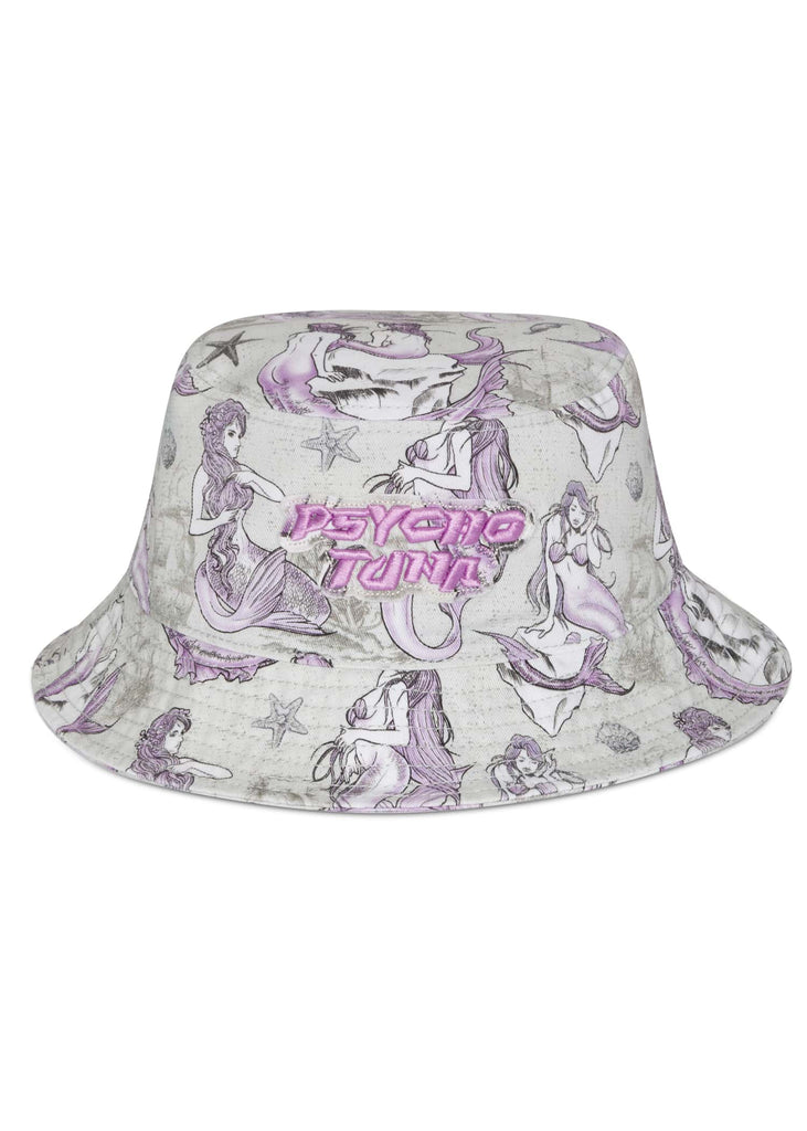 Front view of Psycho Tuna Clothing’s Men’s Mermaid Mad Bucket Hat in Off White, showcasing the playful mermaid motif and wide brim for sun protection