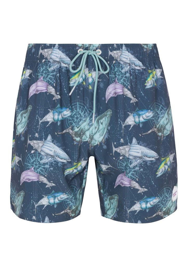 Stylish Men’s Geo Ocean Printed Pool Shorts in naval academy front