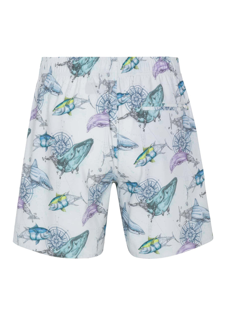 Men’s off white back Geo Ocean printed pool shorts for beach outings