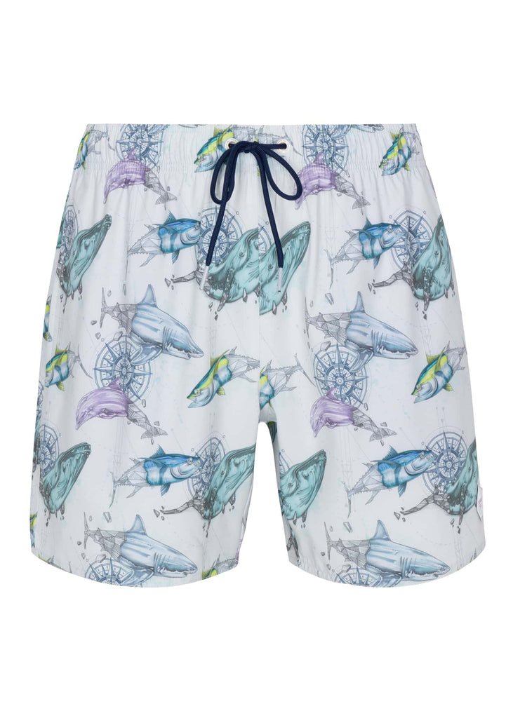Trendy Geo Ocean printed pool shorts for men in off white front