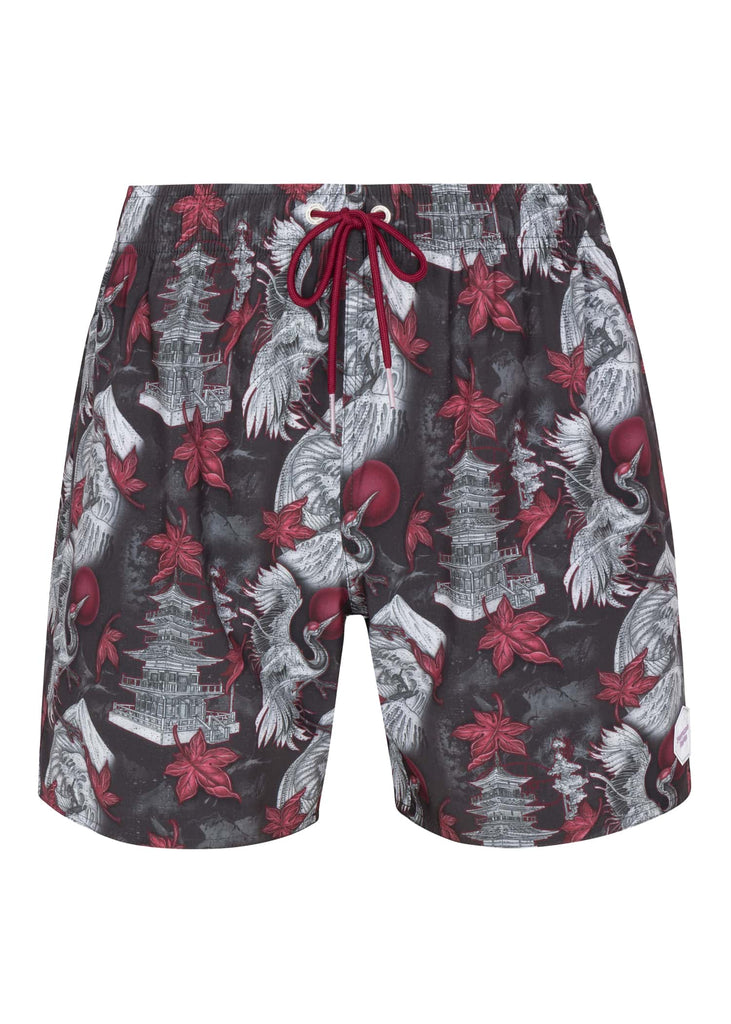 Men’s Rising Crane Printed Pool Shorts in Moonless Night color front