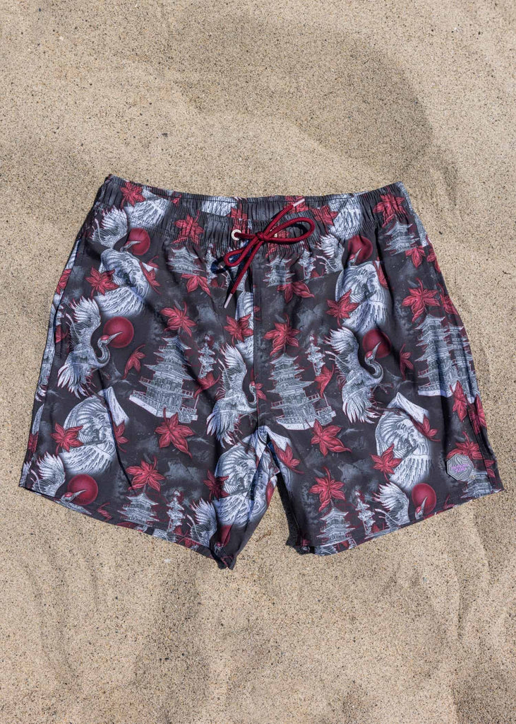 Moonless Night colored Men’s Pool Shorts with Rising Crane Print on sand background