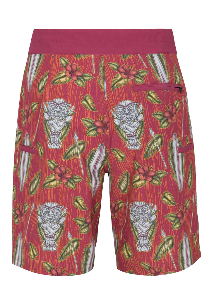 Stylish and functional Tiki Boards inspired board shorts by Psycho Tuna, featuring 4-way stretch fabric in a striking Tibetan Red color.
