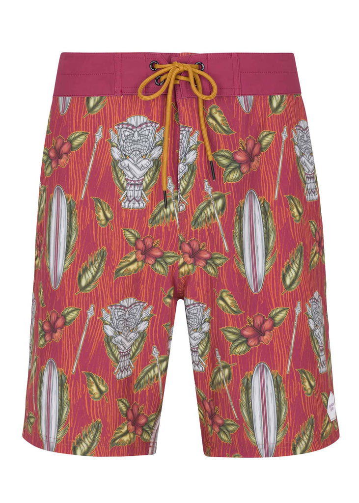 Psycho Tuna’s Men’s Tiki Boards 4-Way Stretch Board Shorts in vibrant Tibetan Red, perfect for surfing and beach activities.