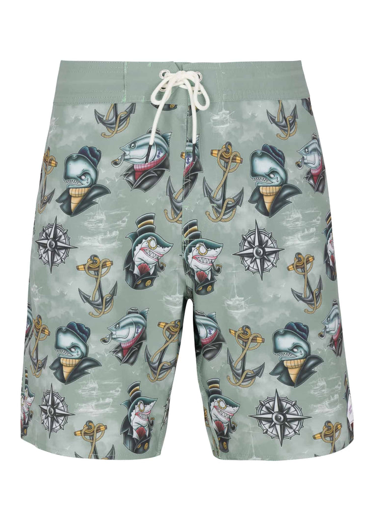 Psycho Tuna’s Men’s Old Salt 4-Way Stretch Printed Board Shorts in vibrant Iceberg Green, embodying the spirit of seasoned mariners front