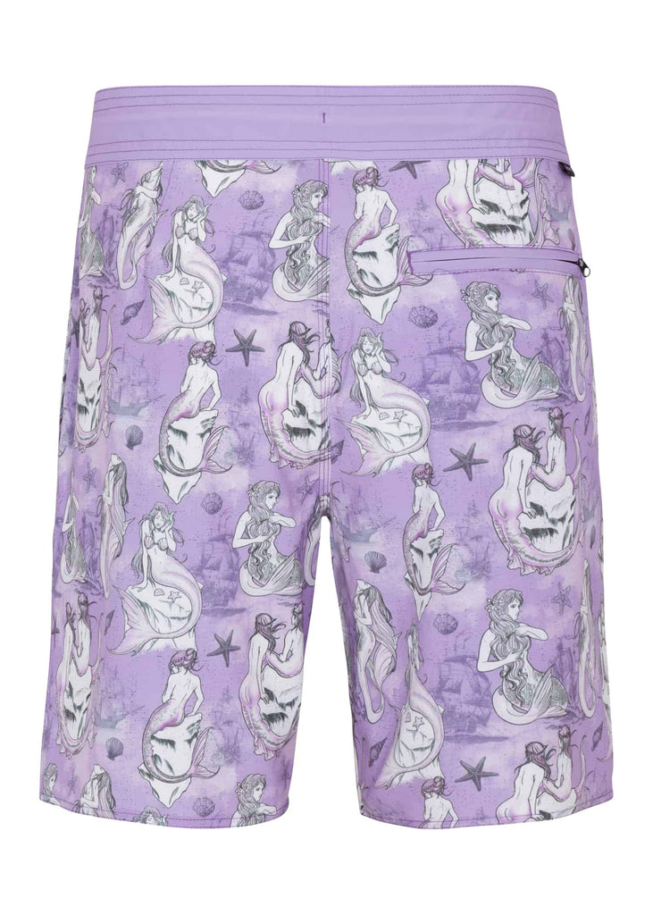 The back view of Psycho Tuna’s Sirens 4-Way Stretch Printed Board Shorts in Purple Rose, highlighting the secure waistband and practical pocket feature