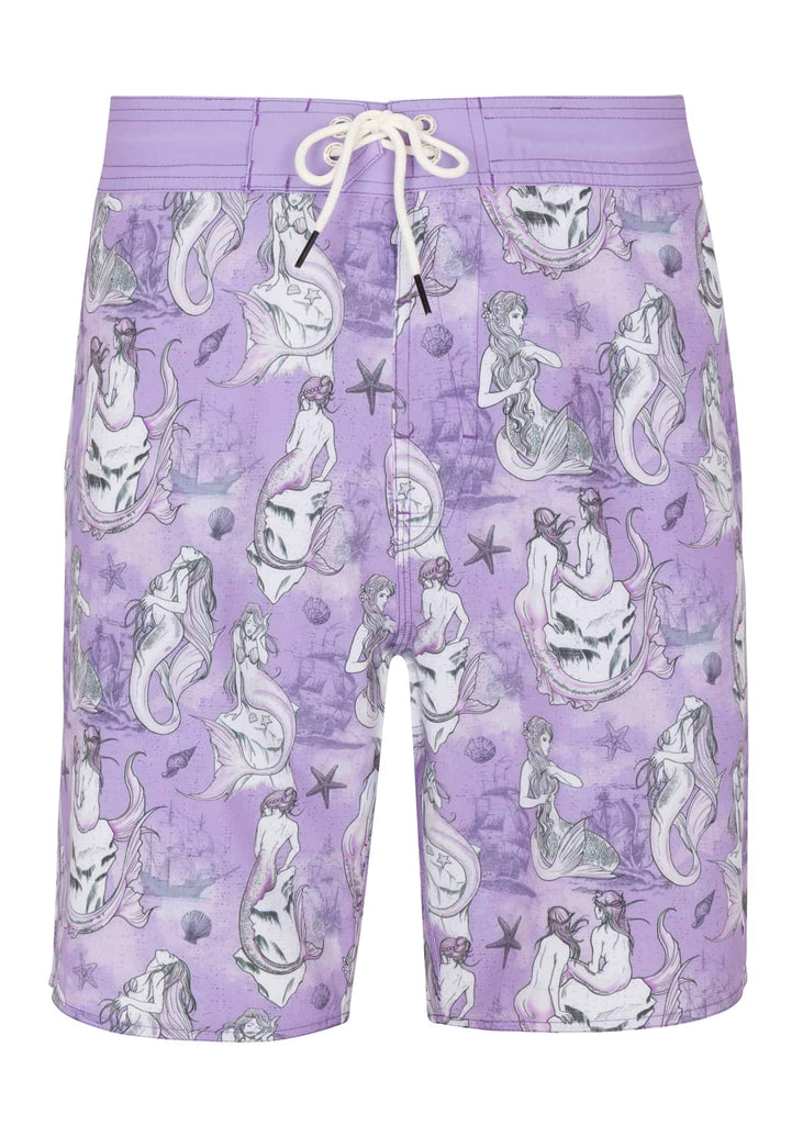 Psycho Tuna’s Sirens 4-Way Stretch Printed Board Shorts in Purple Rose, displayed from the front, showcasing the vibrant color and unique print design