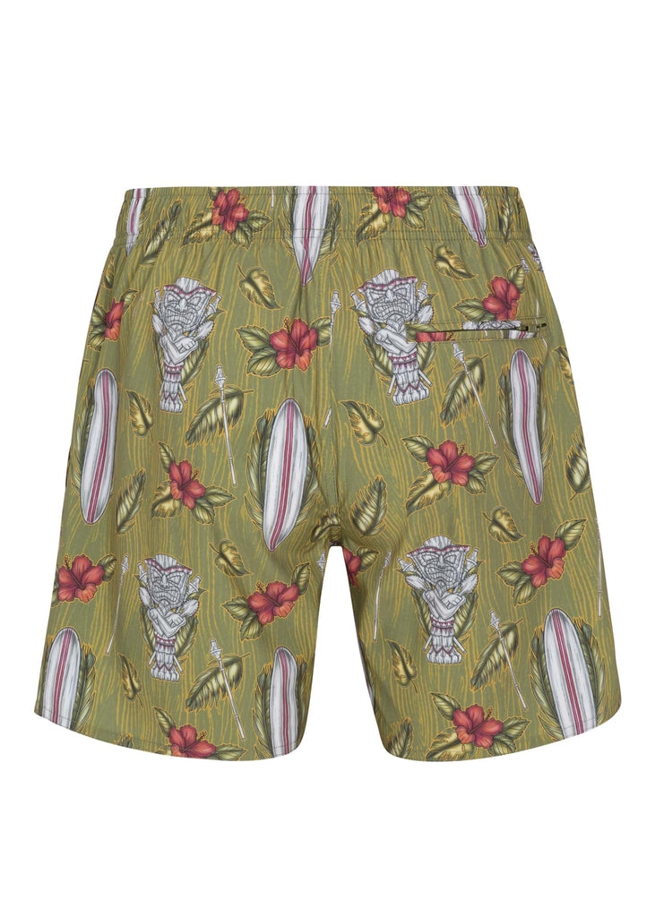 Men’s pool shorts by Psycho Tuna with unique Maori prints, available in vibrant Tibetan Red and earthy Military Olive