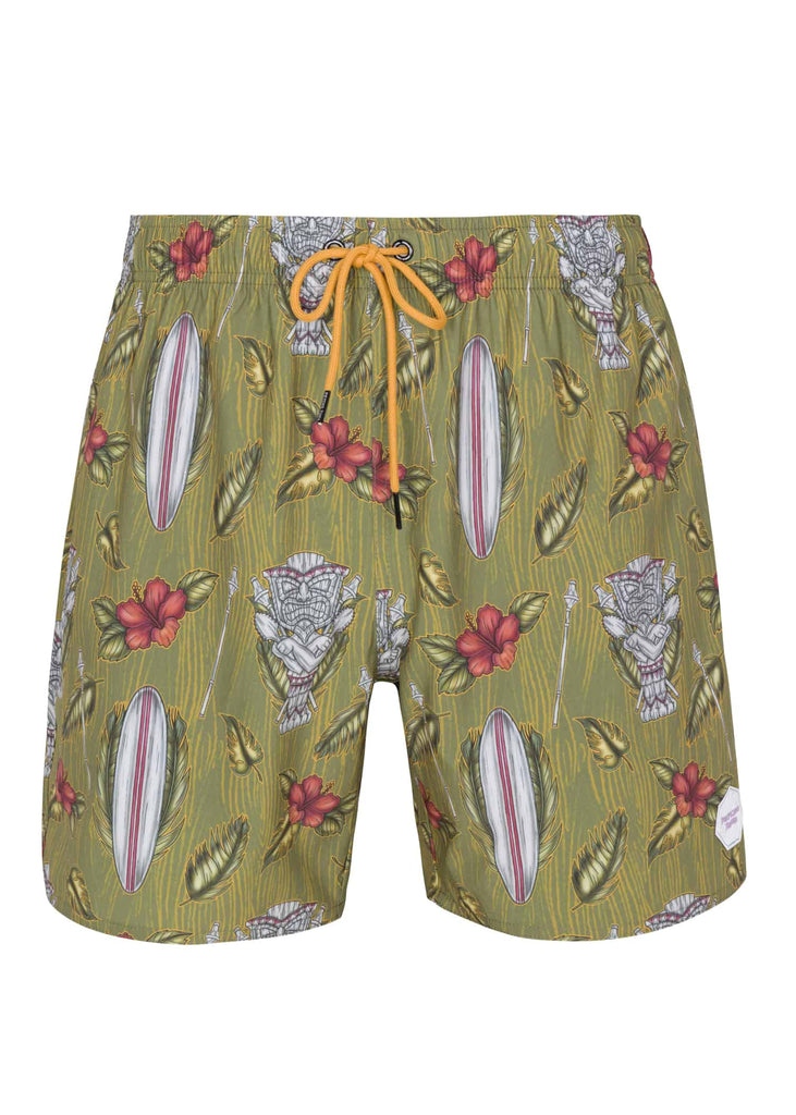 Close-up of the Maori patterns on Psycho Tuna’s Men’s Pool Shorts in Military Olive