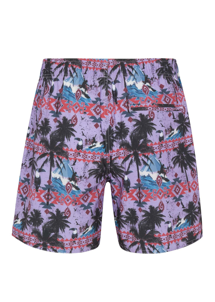 Back view of Psycho Tuna’s Men’s Aztec Paradise Printed Pool Shorts in Purple Rose color, emphasizing the functional design tailored for an active lifestyle