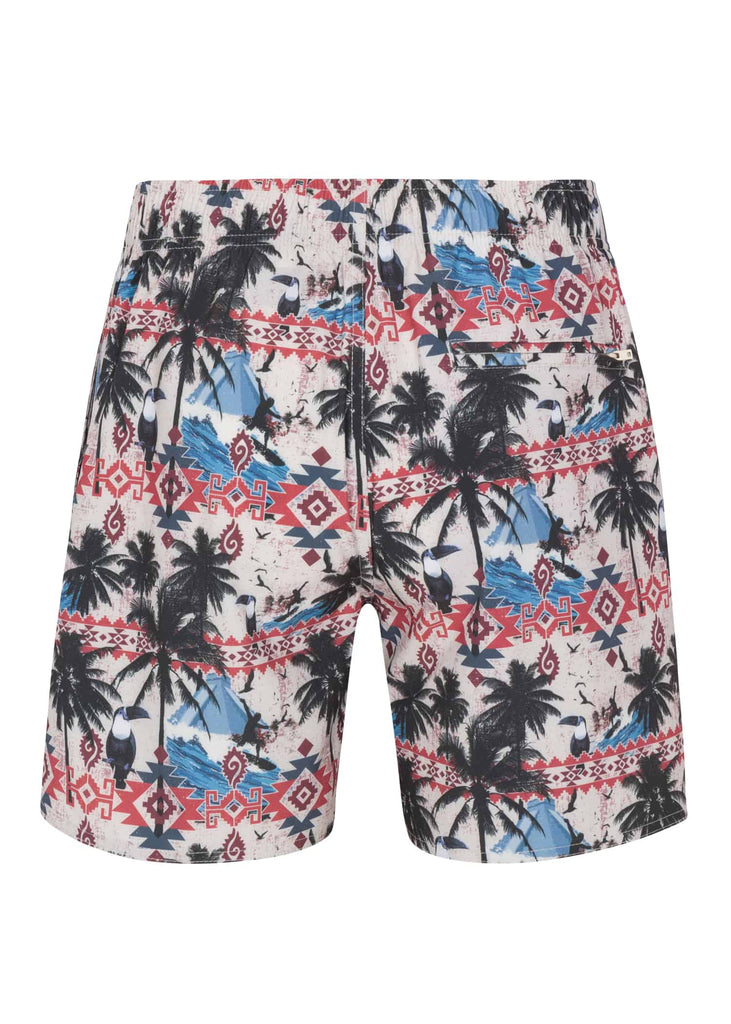 Back view of Psycho Tuna’s Men’s Aztec Paradise Printed Pool Shorts in Whitecap color, highlighting the comfortable fit and quick-drying fabric