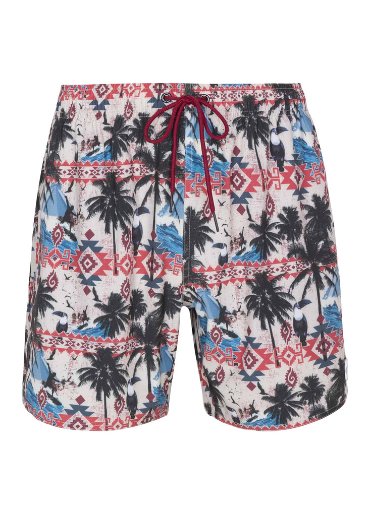 Front view of Psycho Tuna’s Men’s Aztec Paradise Printed Pool Shorts in Whitecap color, showcasing the vibrant Aztec-inspired print