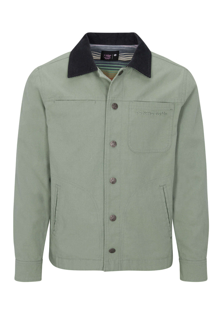 Front view of the Men’s Grimes Canvas Jacket in Iceberg Green by Psycho Tuna Clothing, showcasing its stylish design and high-quality canvas material