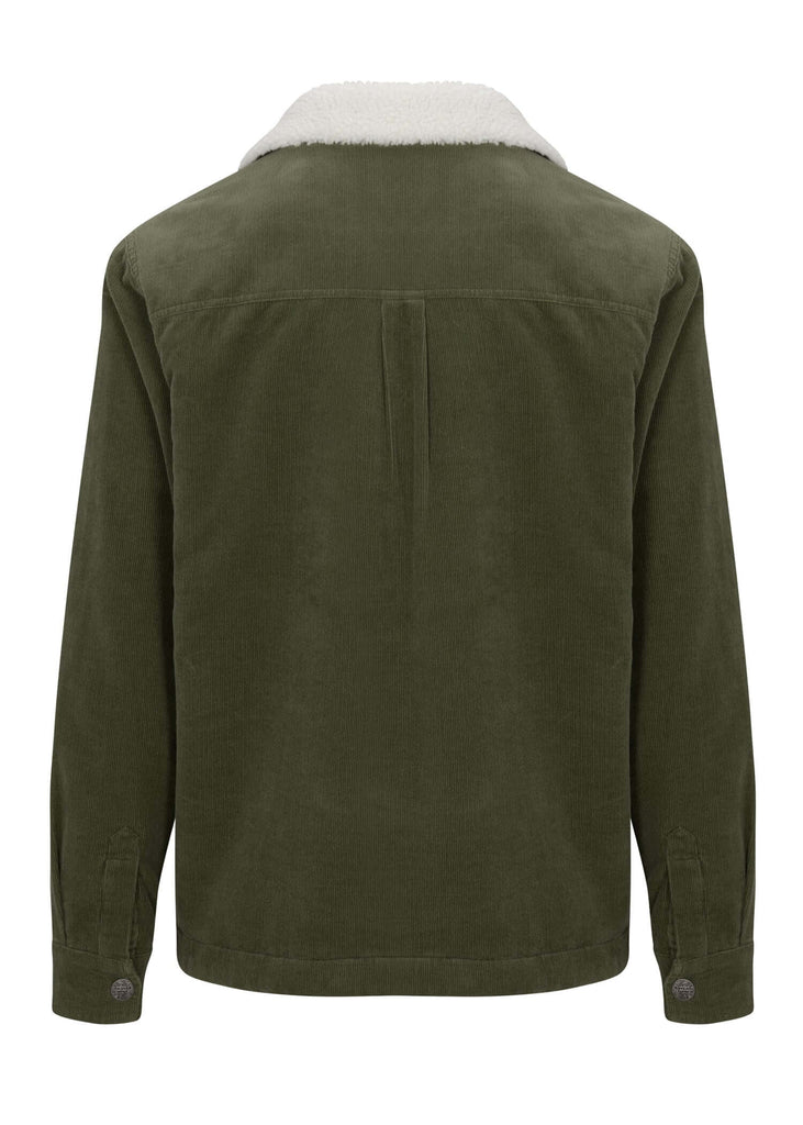 Back view of the Men’s Wales Corduroy Sherpa Jacket in Military Olive color, emphasizing the sturdy corduroy fabric and fashionable design