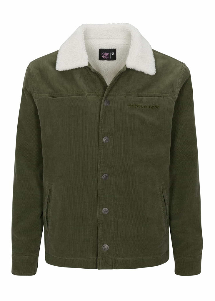 Front view of the Men’s Wales Corduroy Sherpa Jacket in Military Olive color, displaying the warm Sherpa lining and rugged corduroy exterior
