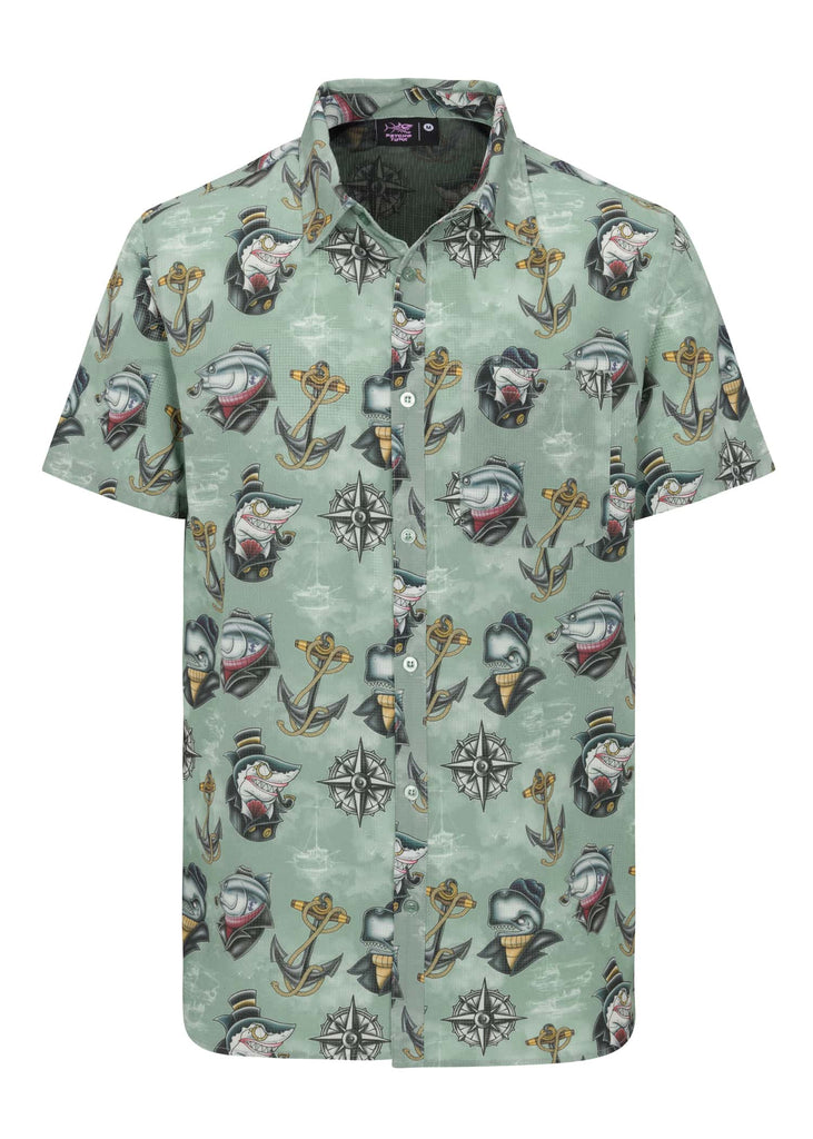 Stylish Men’s Marine Mates 4-Way Technical Woven Short Sleeve Button Up Shirt in Iceberg Green by Psycho Tuna Clothing, perfect for any waterman’s wardrobe