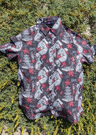 Moonless Night colored Men’s Sky Crane Shirt with 4-Way Technical Woven Fabric on grass background