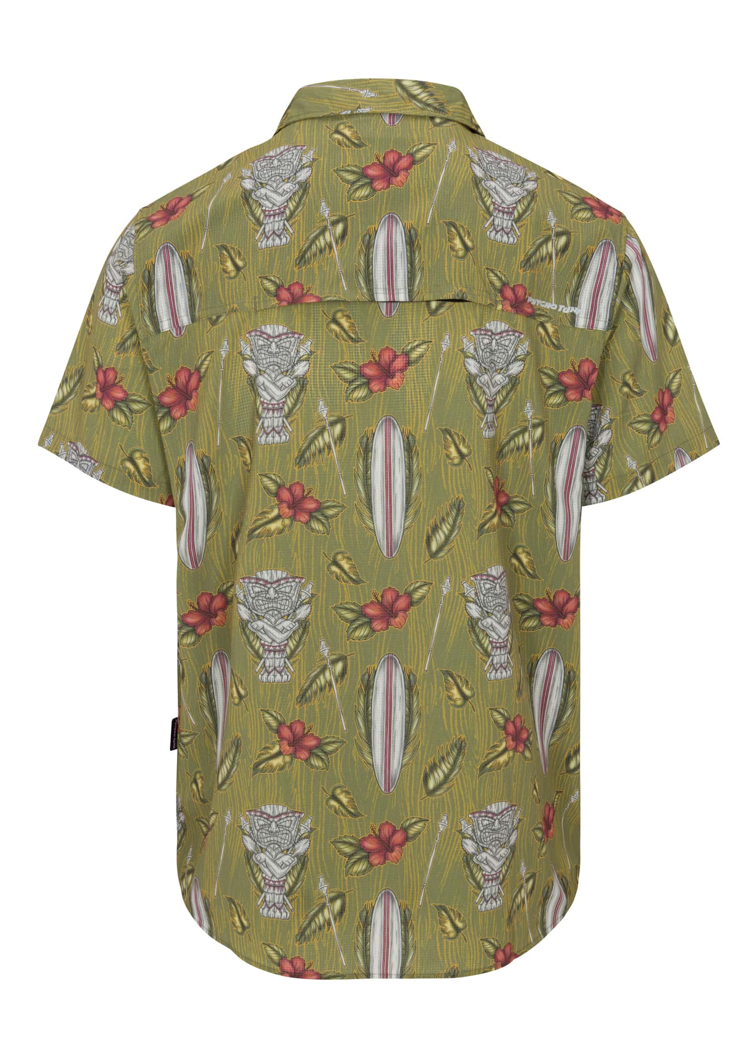 Psycho Tuna’s Men’s Tiki Surf 4-Way Technical Woven paired with beachwear, illustrating its versatility and style back