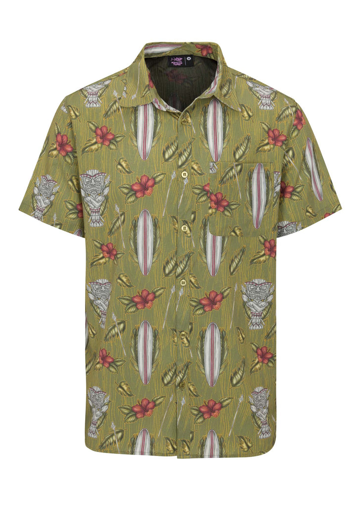 The Military Olive variant of Psycho Tuna’s Men’s Tiki Surf 4-Way Technical Woven, highlighting the surf lifestyle.