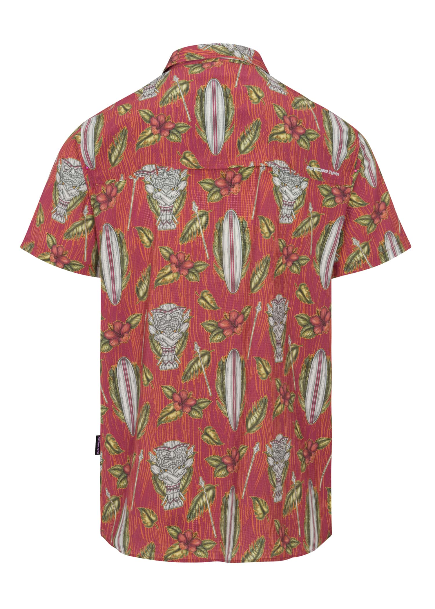 Back of the 4-way technical woven fabric of Psycho Tuna’s Men’s Tiki Surf shirt, emphasizing its comfort and flexibility.