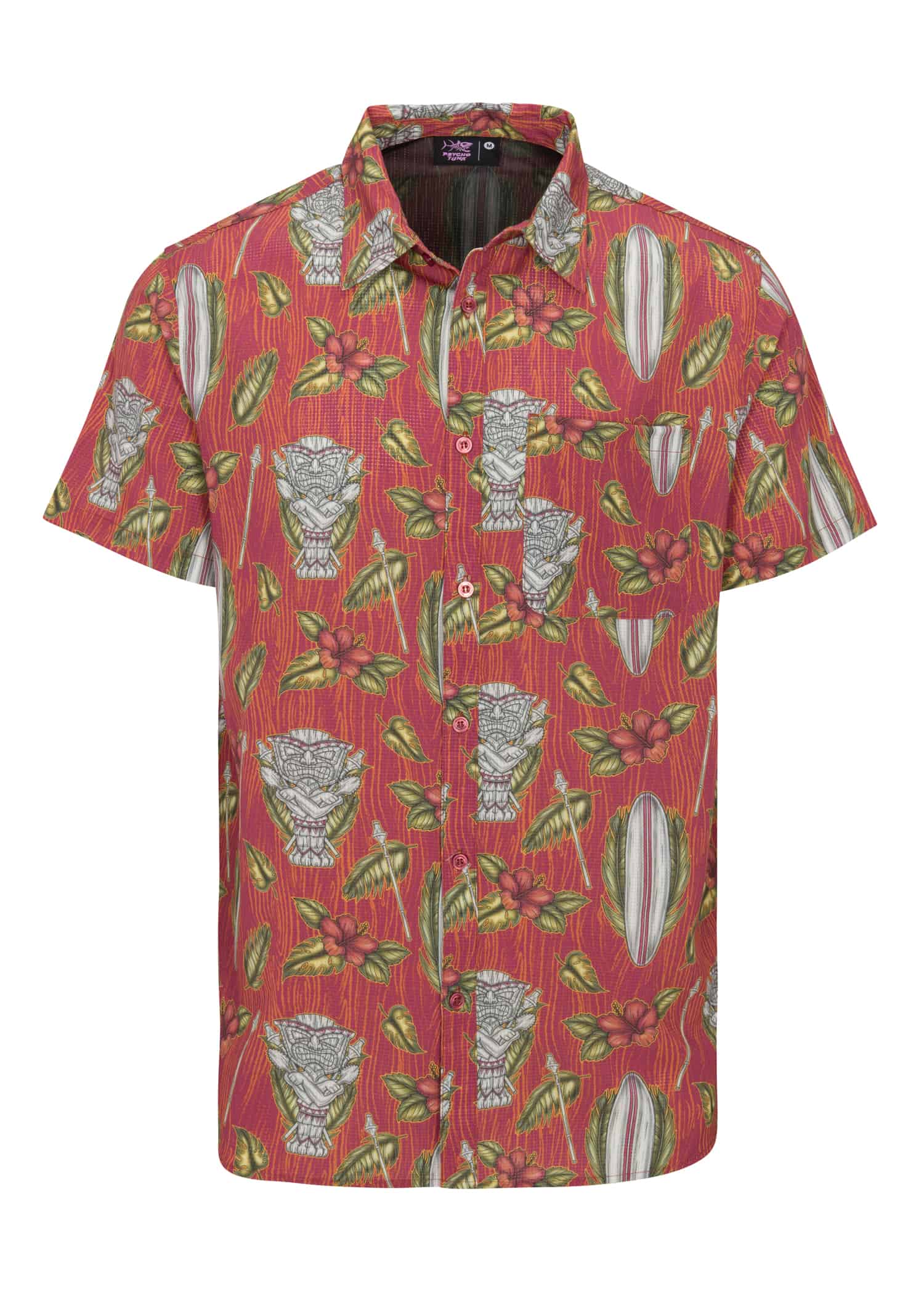 Psycho Tuna’s Men’s Tiki Surf 4-Way Technical Woven in vibrant Tibetan Red, showcasing the unique Tiki-inspired design.