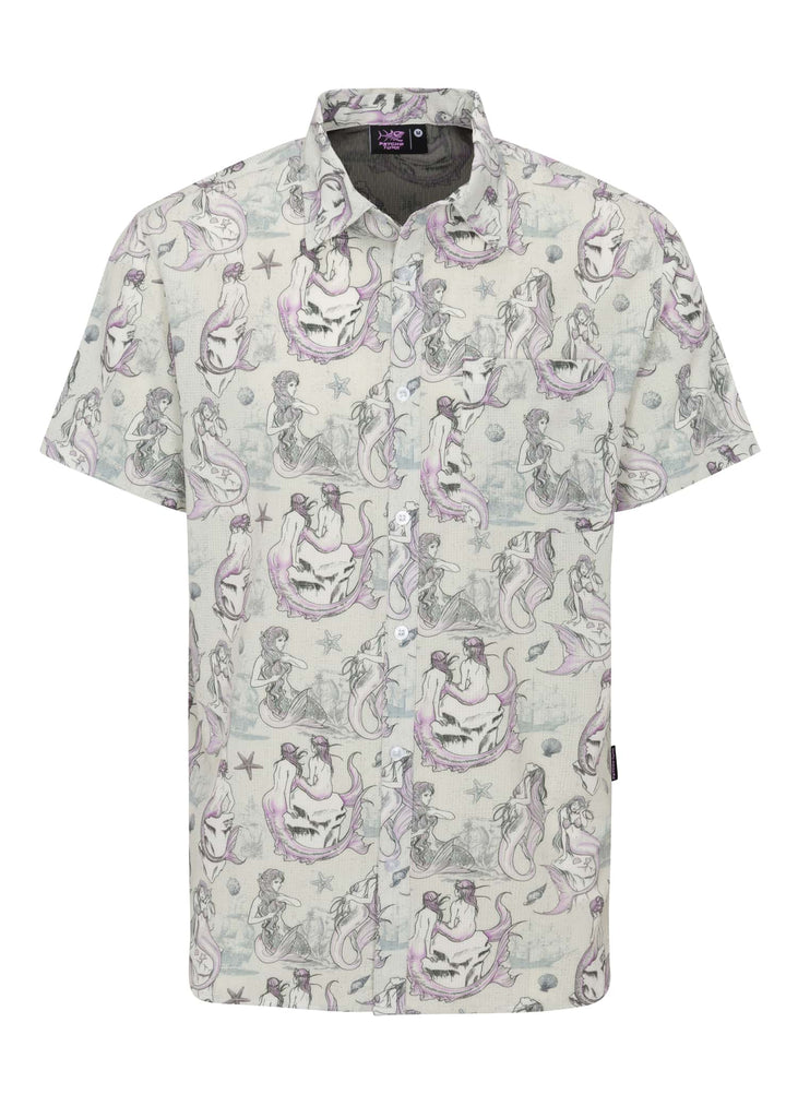 Psycho Tuna’s Men’s Sea Dames 4-Way Technical Woven Short Sleeve Button Up Shirt in Off White, featuring a stylish cut and unique design, perfect for the modern waterman