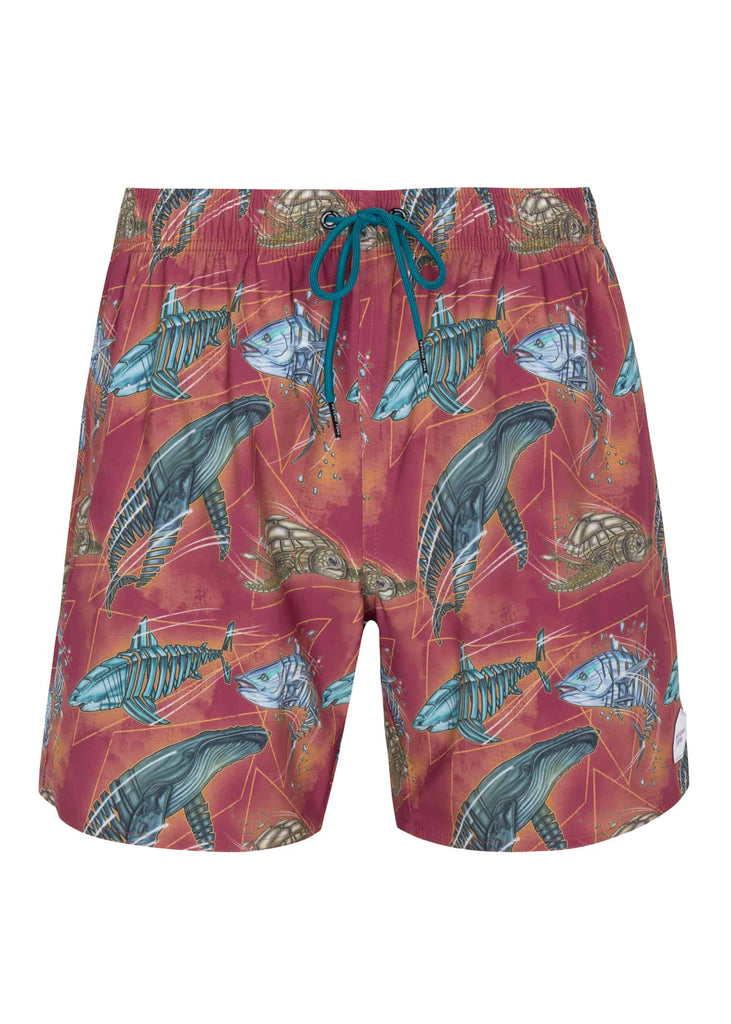 Men’s Titanium Tide Printed Pool Shorts in vibrant Tibetan Red with metallic sea creature print front