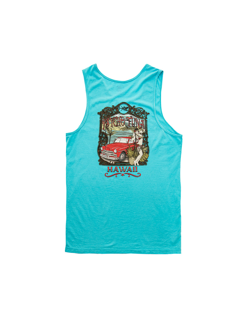 Men's graphic muscle tank with hula dancer print